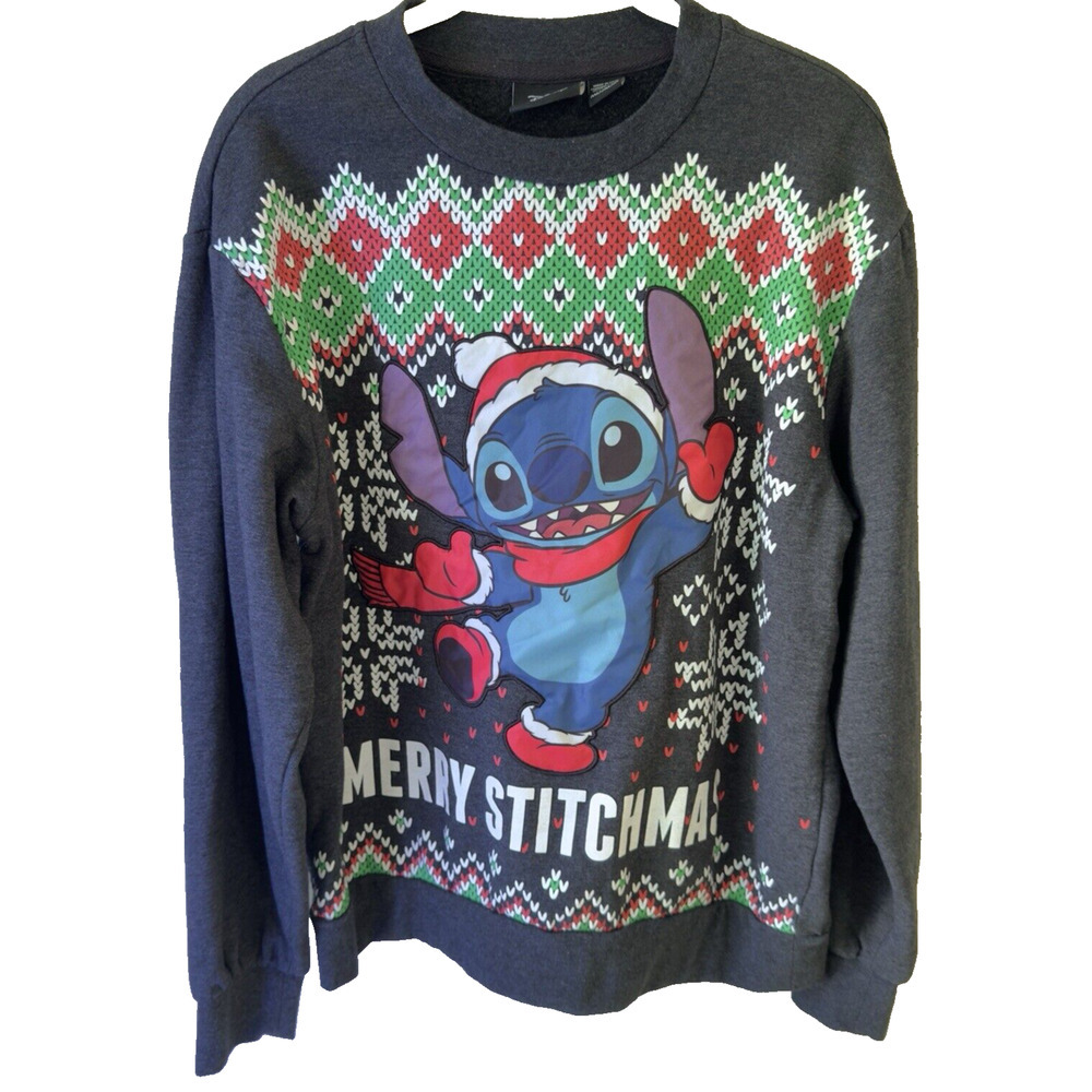 Disney Gray Merry Stitchmas Ugly Christmas Sweater W's M-L Satin Patch Pullover